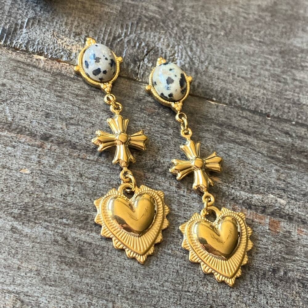 NEW Gold Cross Dalmatian Jasper Heart Dangle Earrings